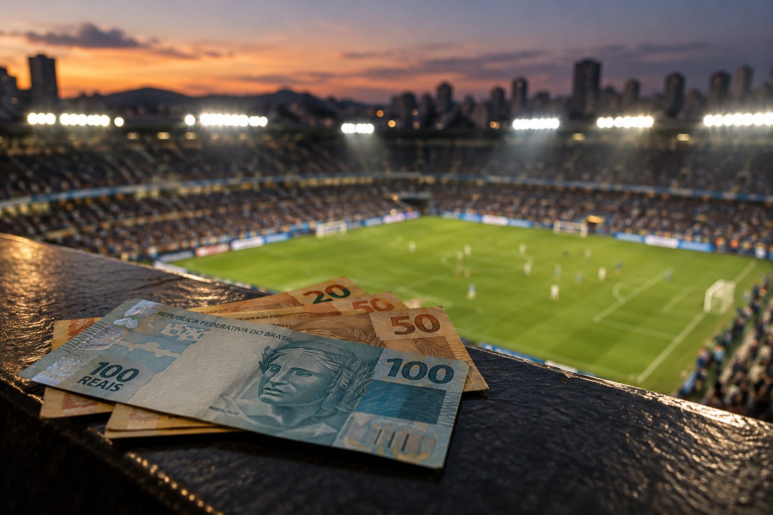 Ilustração de notas de real diante de um estádio de futebol, representando apostas esportivas